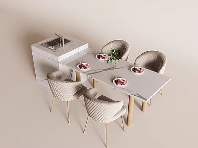 Modern Dining Table Set With Marble Tabletop And Beige Upholstered Chairs Wooden Legs 3d model