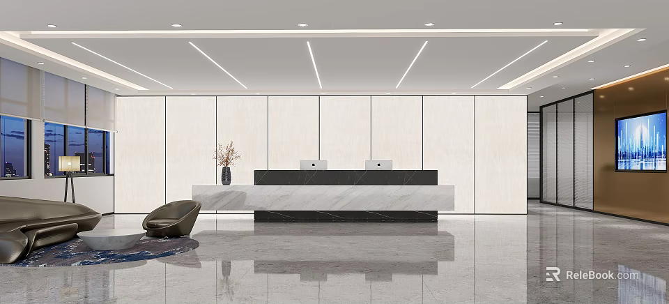 Modern Sleek Marble Office Reception Desk With Spacious Bright Minimalist Company Lobby Interior Design 3d model 