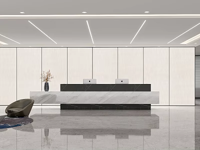 Modern Sleek Marble Office Reception Desk With Spacious Bright Minimalist Company Lobby Interior Design 3d model