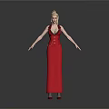 Woman In Long Red Dress With V Neck Design Standing On White Background