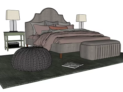 Modern Double Bed With Arched Headboard Multiple Pillows Nightstands Table Lamps Knitted Ottoman And Cozy Rug 3d model