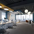 Modern Office Reception Area With White Desk Pendant Lights Orange Chairs And Potted Plants