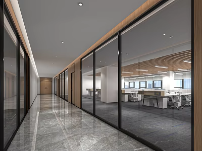 Modern Public Office Space With Glass Partitions Wooden Frames Open Layout Work Desks Office Chairs 3d model