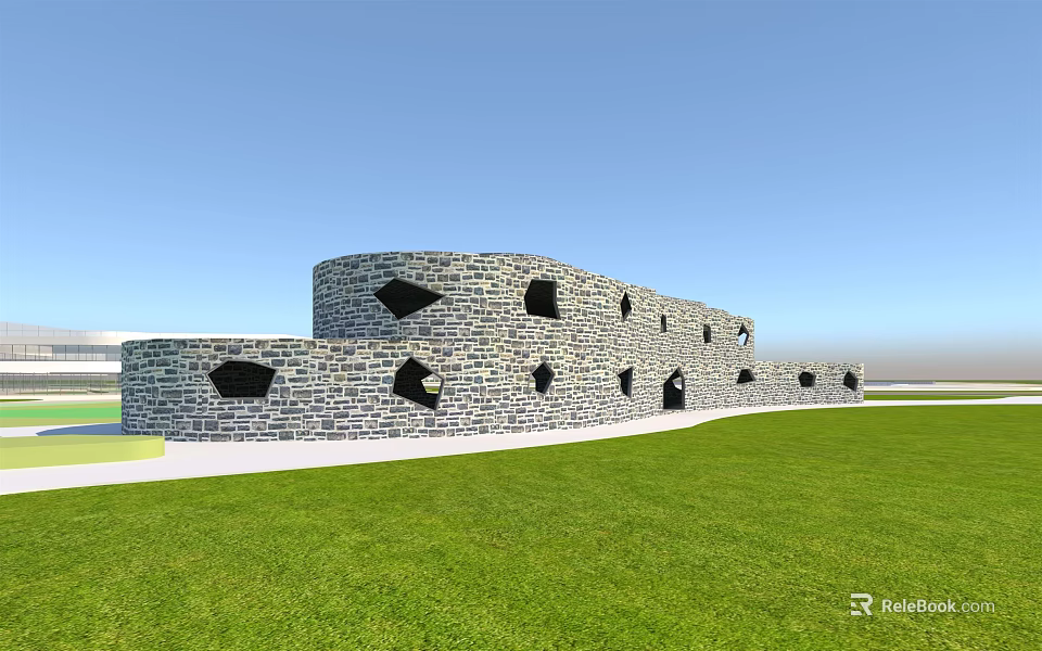 Modern Museum Building With Stone Wall Irregular Holes Green Lawn And Blue Sky 3d model 