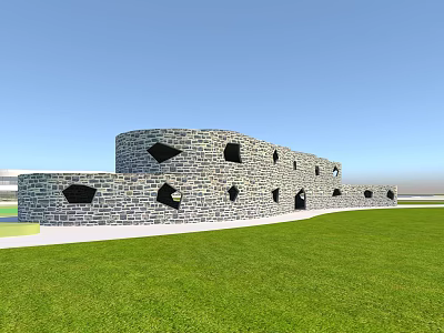 Modern Museum Building With Stone Wall Irregular Holes Green Lawn And Blue Sky 3d model