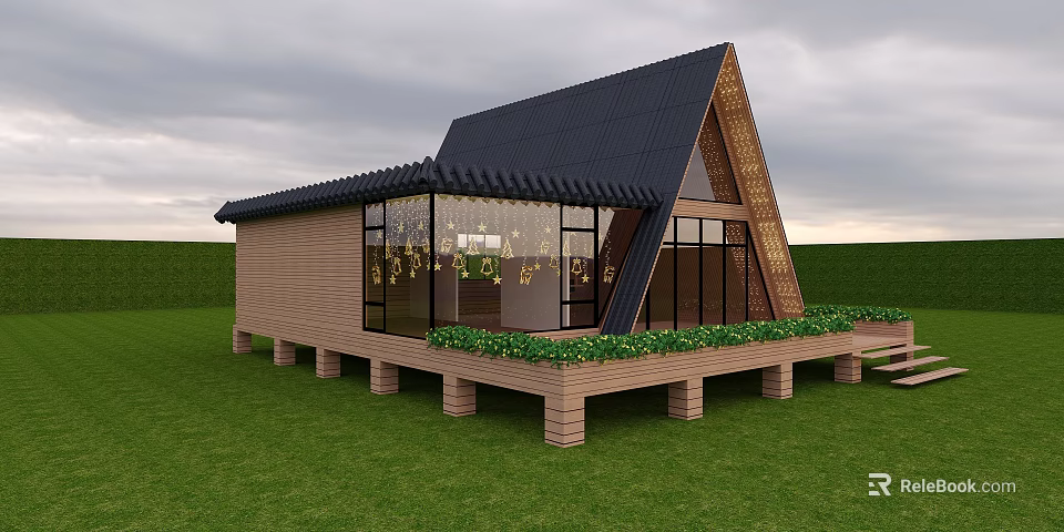 Modern Wooden House With Black Triangular Roof And Large Glass Windows On Green Lawn 3d model 
