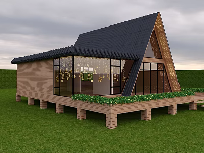 Modern Wooden House With Black Triangular Roof And Large Glass Windows On Green Lawn 3d model