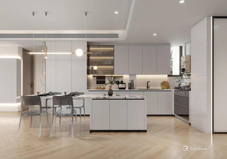 Modern Restaurant Open Kitchen Design With Island Counter Dining Table And Chairs 3d model 