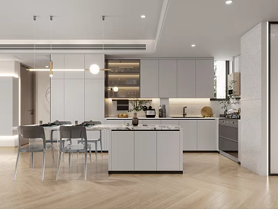 Modern Restaurant Open Kitchen Design With Island Counter Dining Table And Chairs 3d model