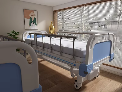Modern Hospital Patient Room With Adjustable Bed Window Blinds Painting And Potted Plant 3d model