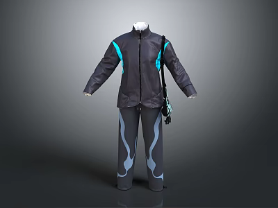 Gray Blue Paneled Jacket Pants Set with Stand Collar Blue Stripes Black Crossbody Bag 3d model