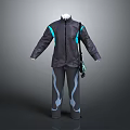 Gray Blue Paneled Jacket Pants Set with Stand Collar Blue Stripes Black Crossbody Bag