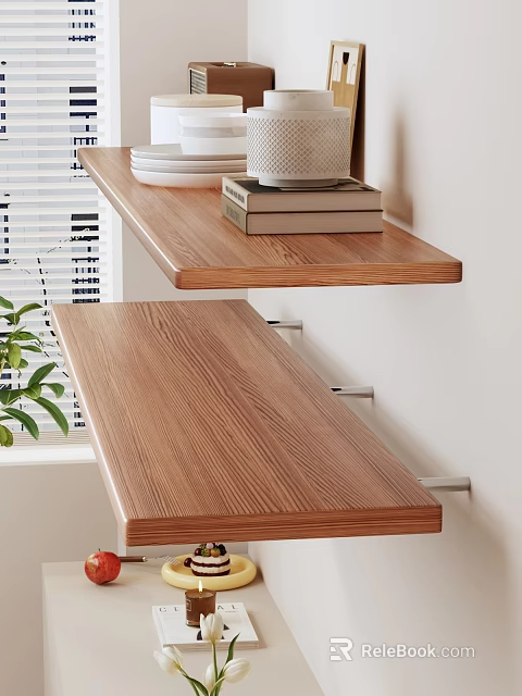 Wall Mounted Wooden Shelves With Plates Books Vase And Green Plant Decor 3d model 