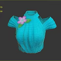 Turquoise Pleated High Neck Cold Shoulder Women's Top With Pink Flower And Green Leaf