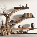 Natural Rustic Wooden Tree Shaped Shelving Unit With Multiple Shelves Vases Books And Decorative Items