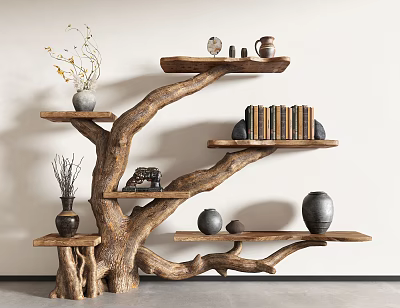 Natural Rustic Wooden Tree Shaped Shelving Unit With Multiple Shelves Vases Books And Decorative Items 3d model