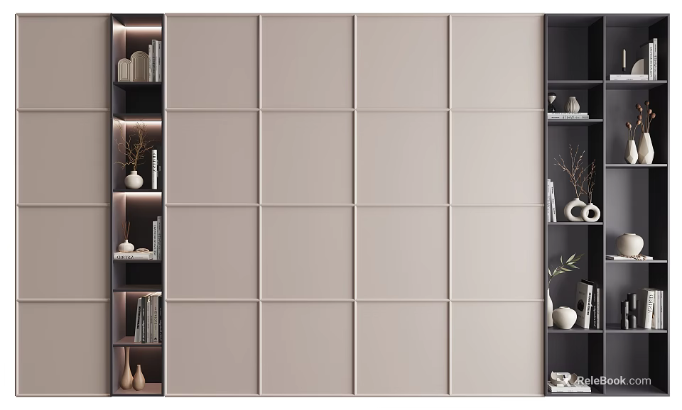 Modern Bookcase with Light Gray Panels Geometric Design and Illuminated Open Shelves Decorative Items 3d model 