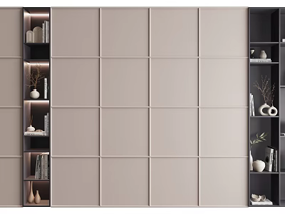 Modern Bookcase with Light Gray Panels Geometric Design and Illuminated Open Shelves Decorative Items 3d model