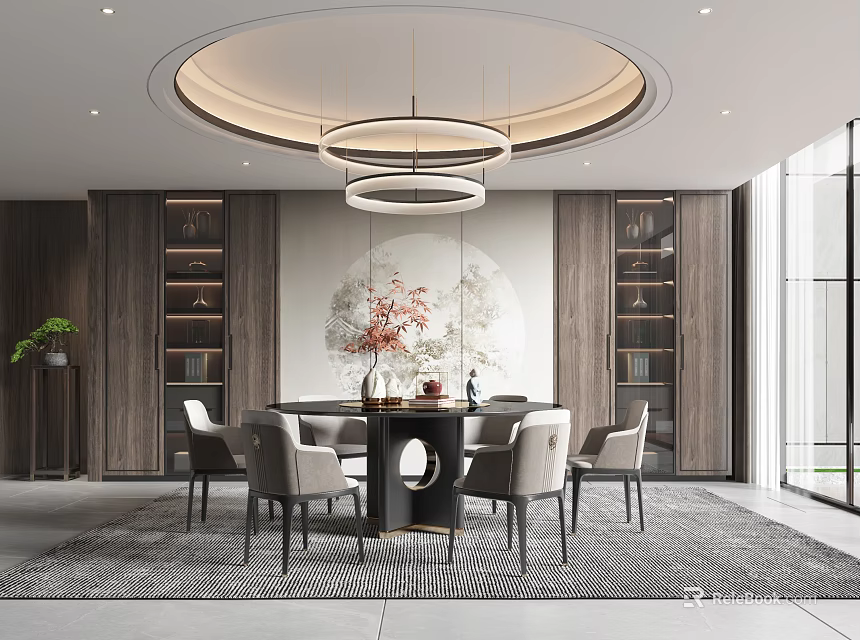 Elegant Modern Restaurant Interior With Circular Ceiling Chandelier Round Dining Table And Light Colored Chairs 3d model