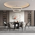 Elegant Modern Restaurant Interior With Circular Ceiling Chandelier Round Dining Table And Light Colored Chairs 3d model
