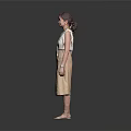 Standing Woman in Sleeveless Top Beige Double Breasted Skirt with Lanyard Badge Against Gray Background