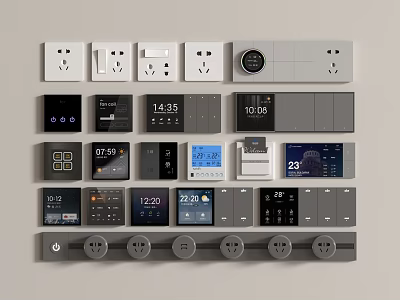 Various Colored Switch Panels With Outlets And Digital Displays Showing Time Temperature 3d model
