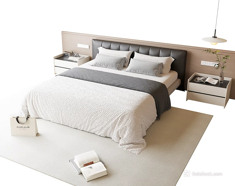 Modern Double Bed Interior With Soft Bedding Nightstands Table Lamp And Rug 3d model
