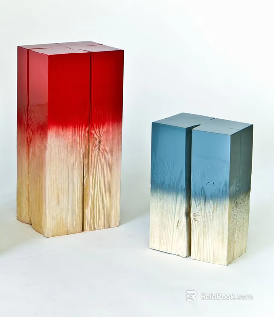 Modern Wooden Side Tables With Red Blue And Beige Gradient Finish 3d model 