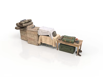 Simple Household Items Display With Wooden Boxes Folded Cloth And Green Bundles On Table 3d model