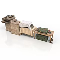 Simple Household Items Display With Wooden Boxes Folded Cloth And Green Bundles On Table