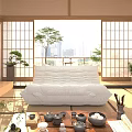 Cozy White Bean Bag Chair In Japanese Style Room With Shoji Doors Balcony Tatami Floor