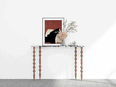 Console Table with Carved Wooden Legs Marble Top Framed Artwork Flowers and Decor 3d model