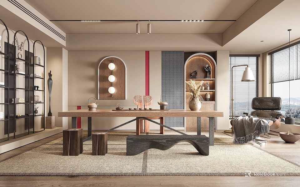 Modern Tea Room Interior With Long Wooden Table Small Stools Decorative Vases And Arched Mirror 3d model 