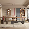 Modern Tea Room Interior With Long Wooden Table Small Stools Decorative Vases And Arched Mirror