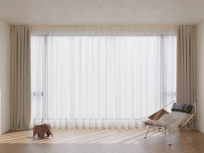 White Sheer Curtains And Beige Thick Drapes In Bright Room With Sunlight Wooden Floor Chair 3d model
