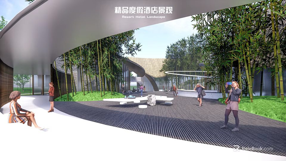 Boutique Resort Garden Landscape With Bamboo Plants Modern Architecture And Leisure Space 3d model 