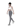A sporty woman wearing white sports bra gray leggings with white sneakers on black background