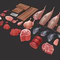 Fresh Raw Meat And Fish Ingredients Including Various Cuts And Types On Wooden Cutting Board