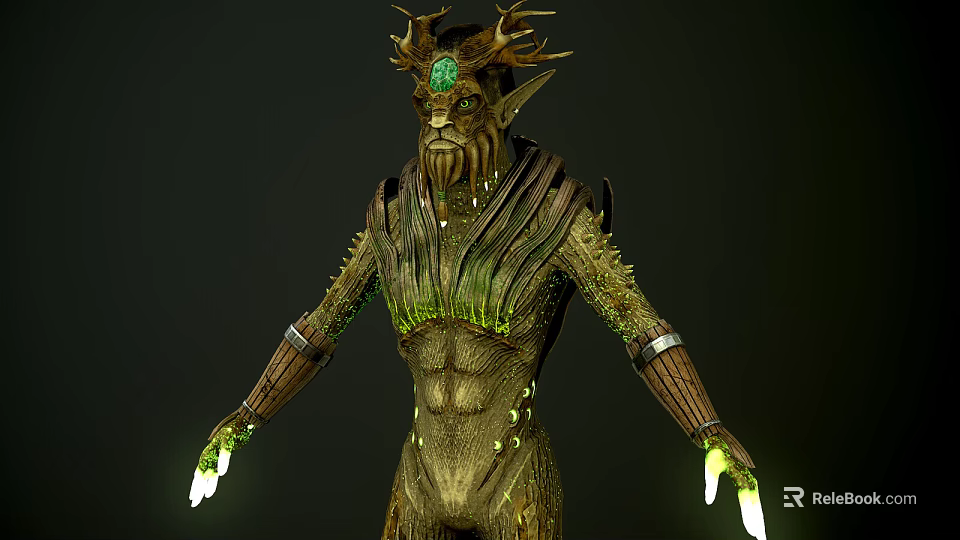Mythical Antlered Forest Guardian Creature With Bark Textured Body And Green Glowing Hands 3d model 