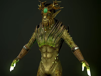 Mythical Antlered Forest Guardian Creature With Bark Textured Body And Green Glowing Hands 3d model