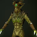 Mythical Antlered Forest Guardian Creature With Bark Textured Body And Green Glowing Hands