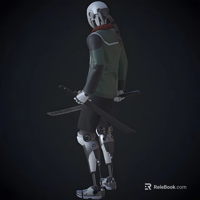 Man with Long Hair in Green Top Holding Swords and Mechanical Legs Standing 3d model 