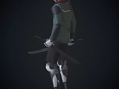 Man with Long Hair in Green Top Holding Swords and Mechanical Legs Standing 3d model