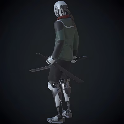 Man with Long Hair in Green Top Holding Swords and Mechanical Legs Standing 3d model