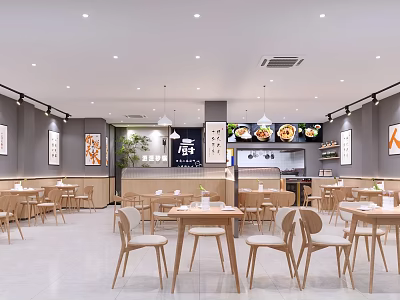 Modern Restaurant Interior Design With Wooden Tables Chairs Menu Display And Simple Lighting 3d model