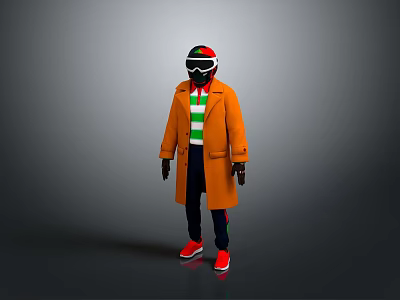 Trendy Casual Outfit Set With Orange Coat Green Striped Sweater Black Pants And Red Shoes 3d model