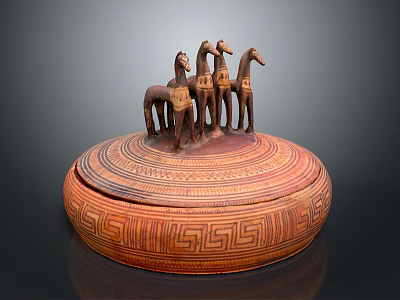Artistic Sculpture Carving With Three Horse Figures On Round Geometric Patterned Vessel 3d model