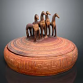 Artistic Sculpture Carving With Three Horse Figures On Round Geometric Patterned Vessel