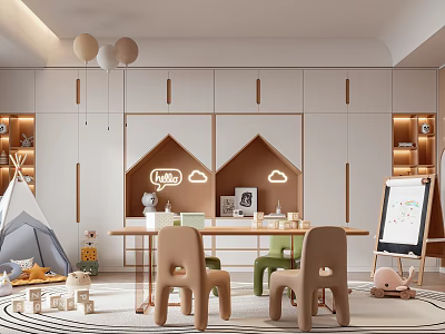Warm Toned Children's Playroom With Tent Table Chairs Bookshelves And Cloud Decorations 3d model