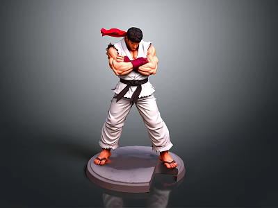 Martial Arts Man With Crossed Arms Red Headband Black Belt White Outfit On Gray Stand 3d model
